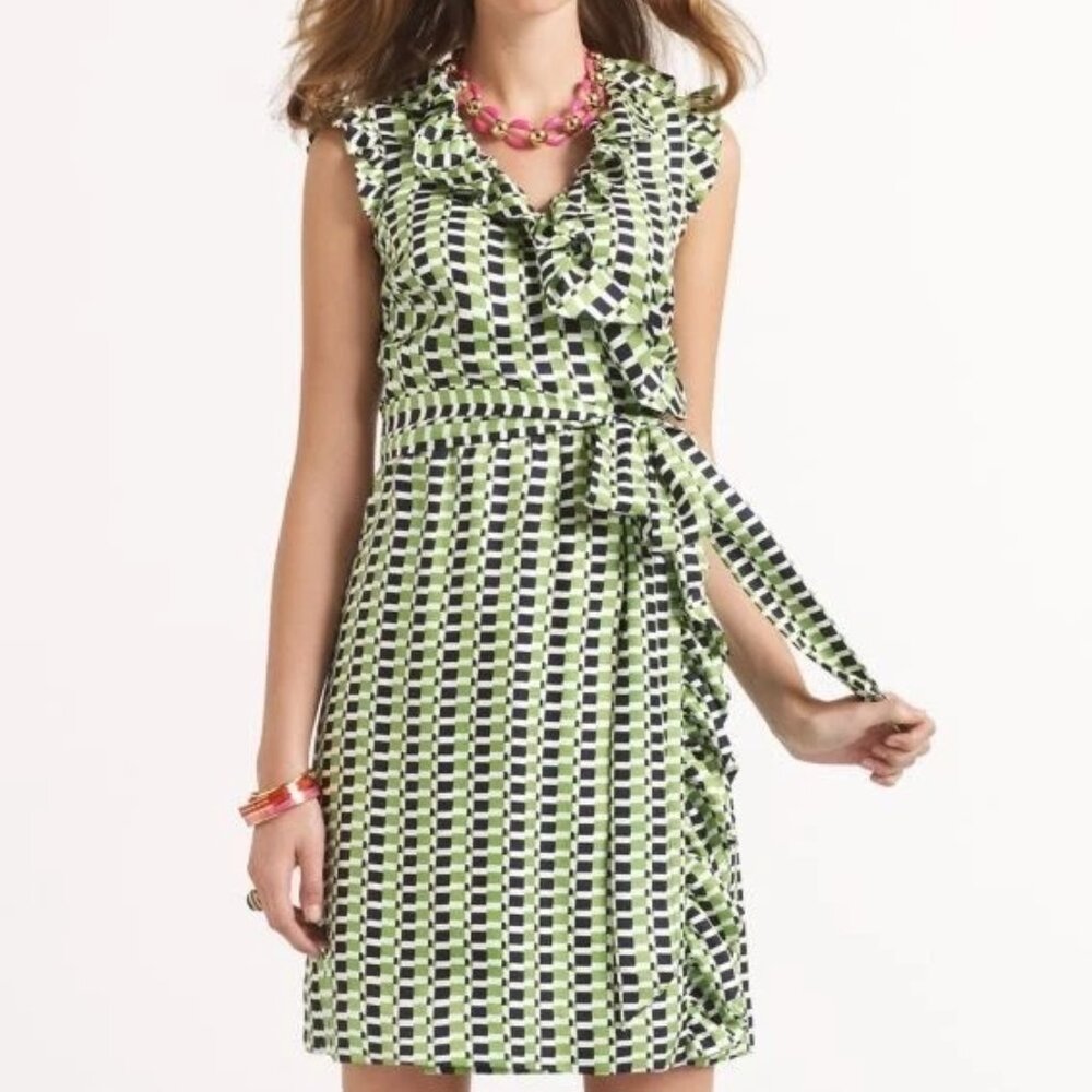 Kate Spade Aubrey Wrap Silk Geo Print Ruffle Green Black Dress Size 6
